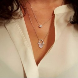 Double layered hamsa necklace in gold plated silver and cubic zirconia 