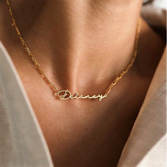 personalized handwriting name necklace with figaro chain