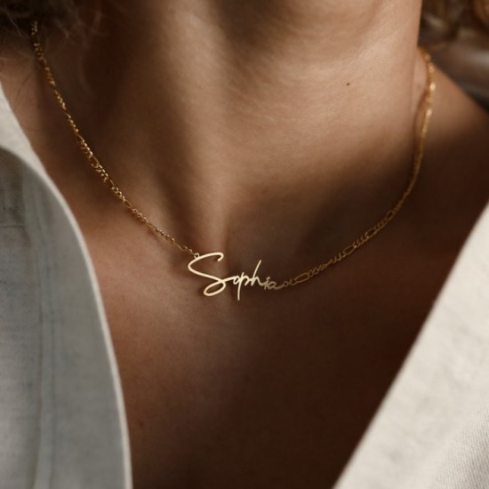 Signature style name necklace with figaro chain