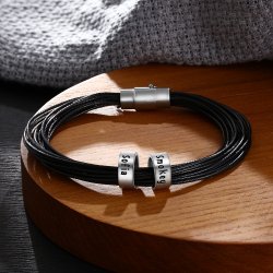 men leather bracelet with custom beads in sterling silver