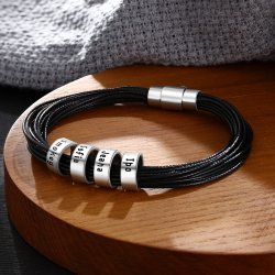 men leather bracelet with custom beads in 925 sterling silver