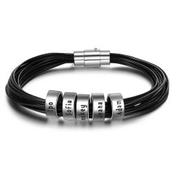 men leather bracelet with custom beads in sterling silver