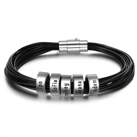 men leather bracelet with custom beads in sterling silver