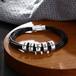 men leather bracelet with custom beads in sterling silver