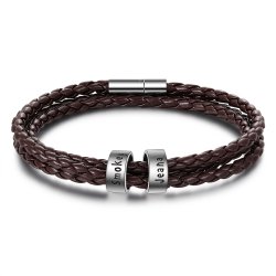 Men Braided Brown Leather Bracelet with Custom Beads