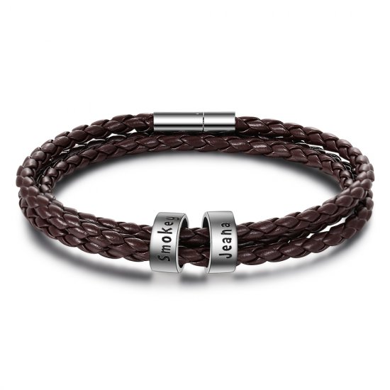 Men Braided Brown Leather Bracelet with Custom Beads