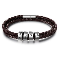 Men Braided Brown Leather Bracelet with Custom Beads - in sterling silver