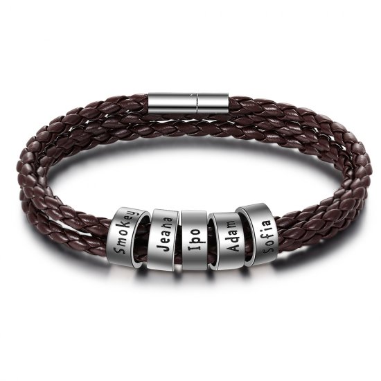 Brown Leather Bracelet with Custom Beads - in sterling silver