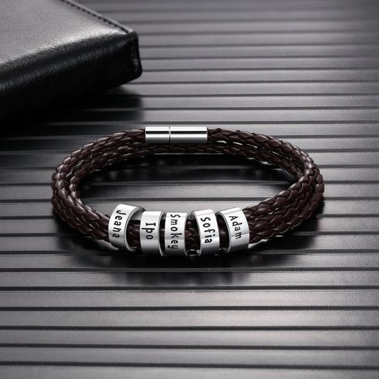 Brown Leather Bracelet with Custom Beads - in sterling silver Brown Leather Bracelet with Custom Beads - in sterling silver