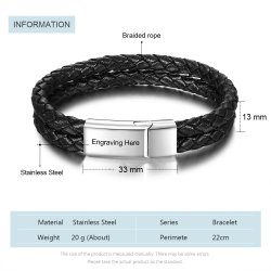 Engraved leather bracelet for men