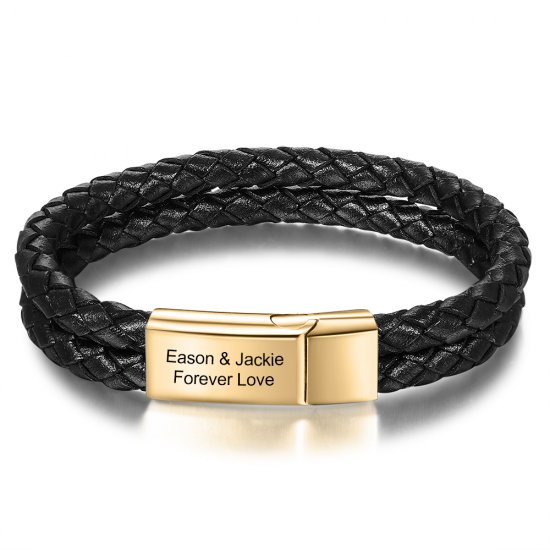 Engraved leather bracelet for man -  gold plated