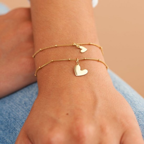 Gold plated sterling silver heart charm bracelet with bead chain