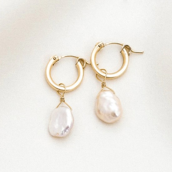 14K Gold filled handmade hoop earrings with natural baroque pearl