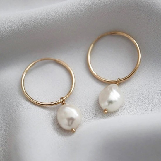 Gold filled hoop earrings with baroque pearl