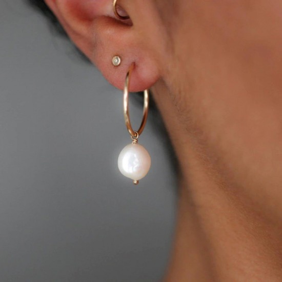 Gold filled hoop earrings with baroque pearl