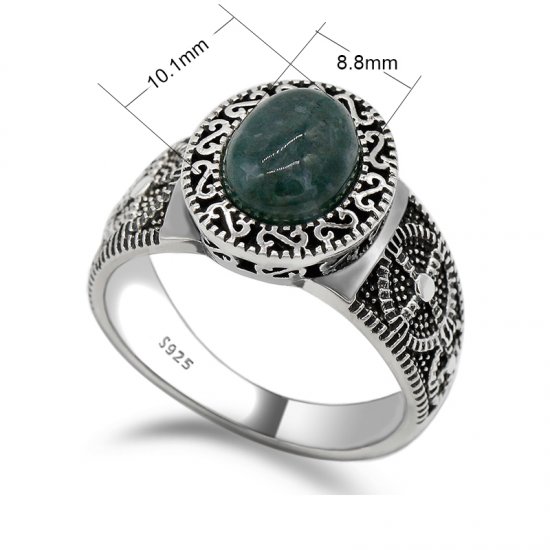 925 sterling silver ring for men with oval green Agate stone -  retro style