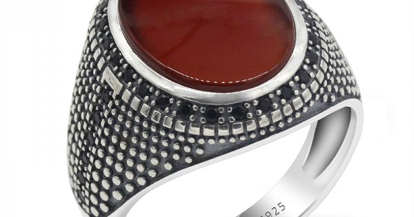 Solid 925 Sterling Silver Ivy Design Red Agate Stone Men's Ring