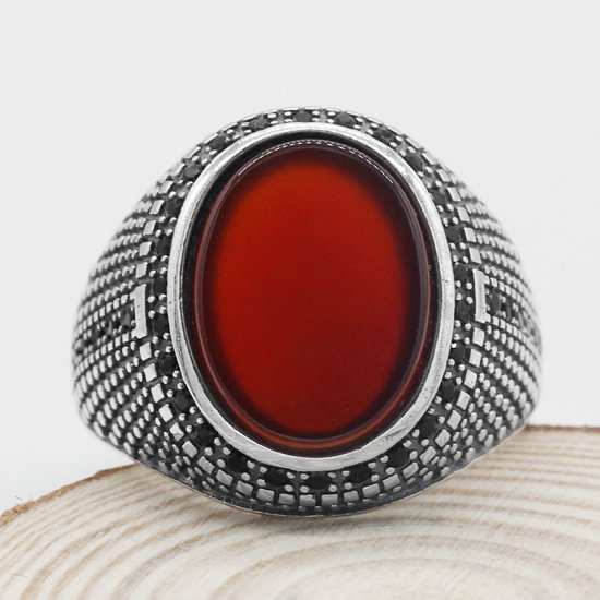925 sterling silver ring for men with red Agate stone