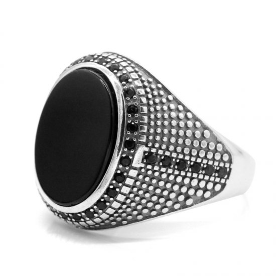 CSJ Natural Black Agate Ring Sterling Silver Fine Jewelry Wedding  Engagement Party for Women Lady Gift