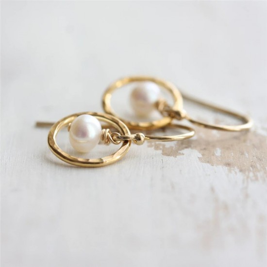 14K Gold filled circle drop earrings with natural pearl