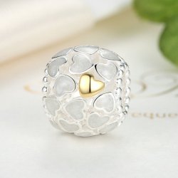 silver bead with white and gold hearts  silver bead with white and gold hearts