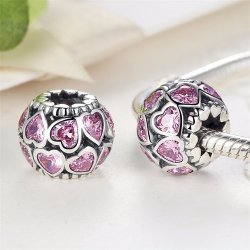 silver bead with pink hearts silver bead with pink hearts