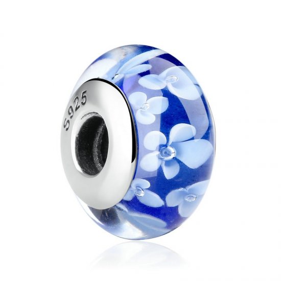 blue glass bead with white flowers blue glass bead with white flowers