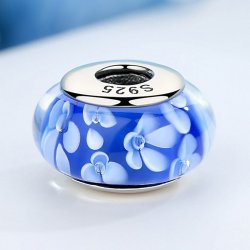 blue glass bead with white flowers