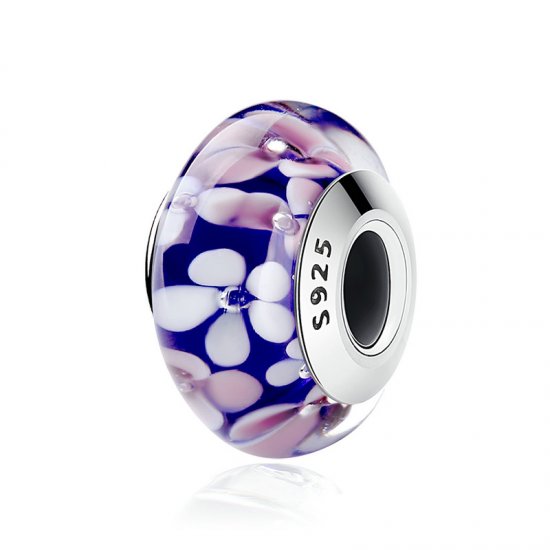 purple glass bead with pink and white flowers