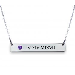 Silver Roman Numerals Bar Necklace With Swarovski Birthstone Silver Roman Numerals Bar Necklace With Swarovski Birthstone