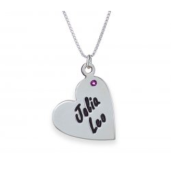 Silver Heart Necklace Engraved with a Birthstone  Silver Heart Necklace Engraved with a Birthstone