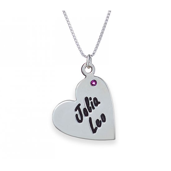 Silver Heart Necklace Engraved with a Birthstone 