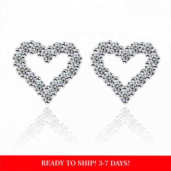 Heart- Shape Design Sterling Silver Full Cubic zircon  Diamond Earrings 